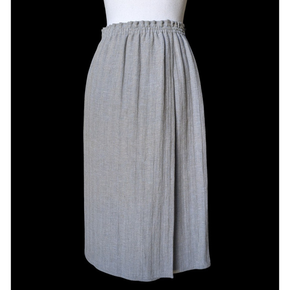 Zoran Gray 100% Linen Elastic Waist Pleated Knee Length Pencil Skirt Medium Wrap - Picture 4 of 8